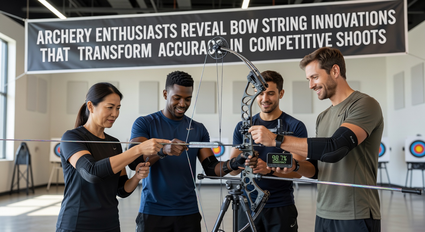Archery competitors testing advanced bow strings during a precision event on an outdoor range