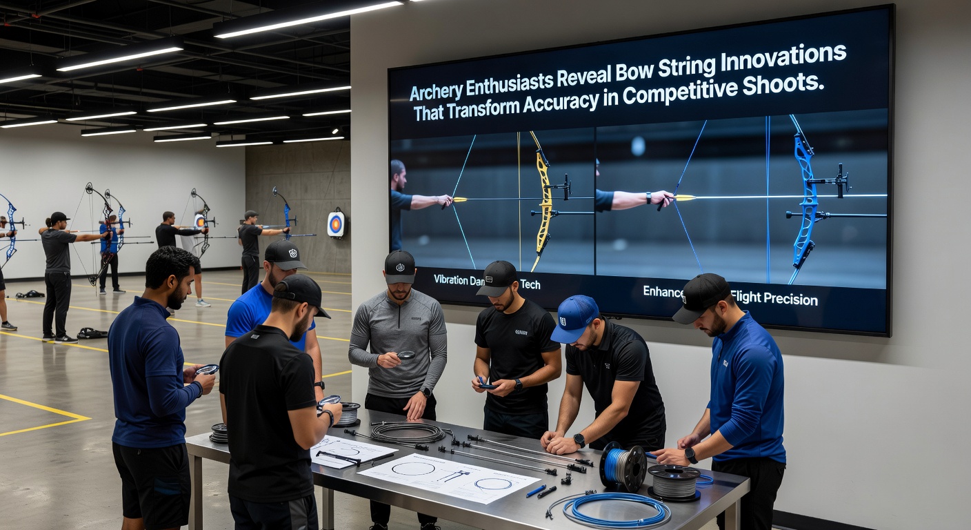 Close-up view of an archer adjusting a high-performance bow string before a tournament round