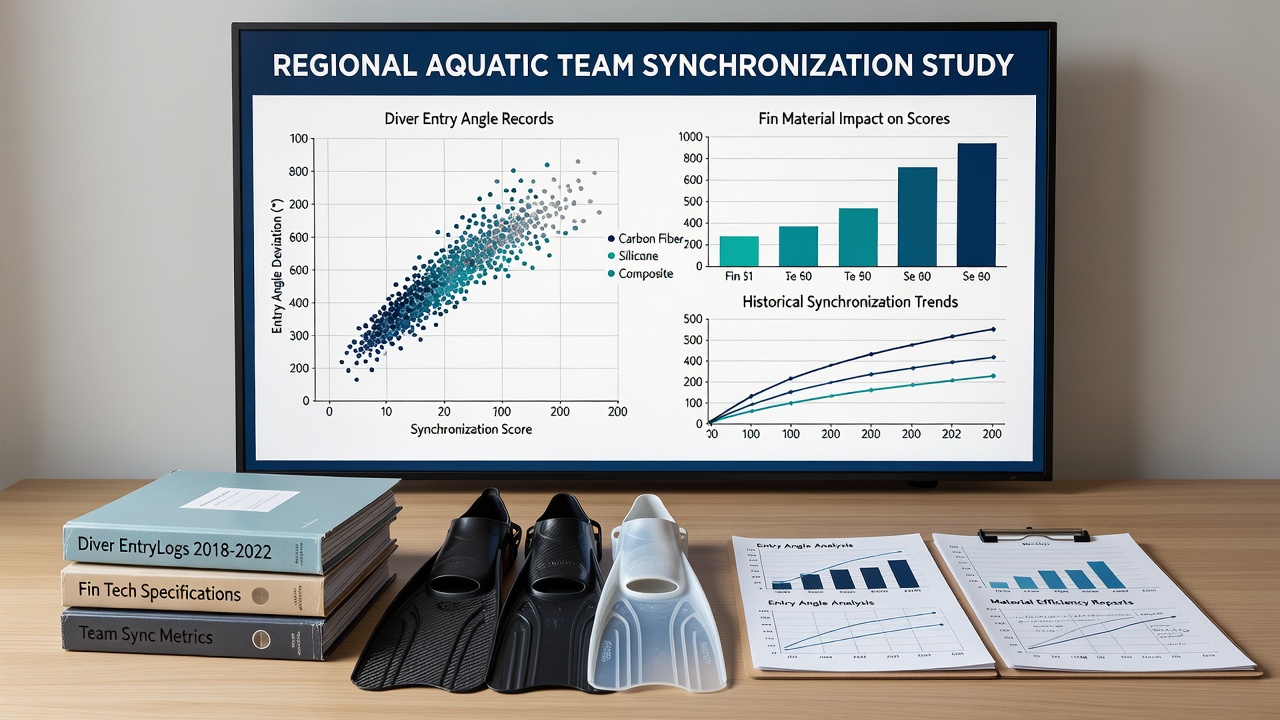 Archived diver entry angle data charts displayed alongside fin material samples for aquatic team analysis