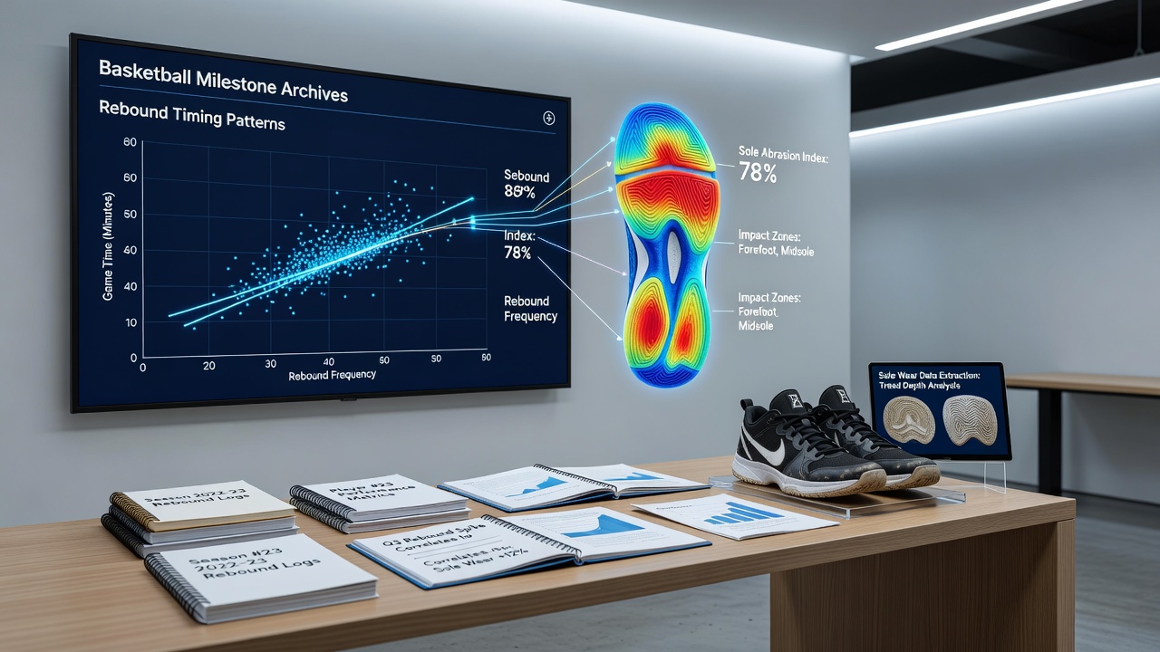 Close-up of sneaker sole wear analysis paired with rebound timing charts from player archives