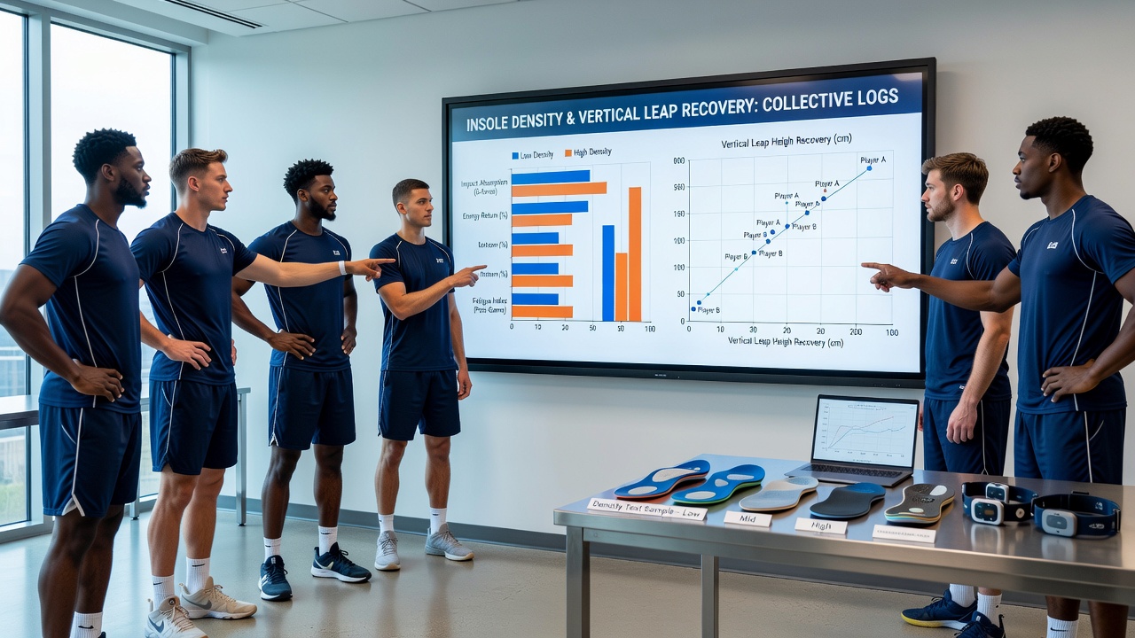 Close-up of basketball insole density testing equipment alongside player recovery logs displayed on a screen