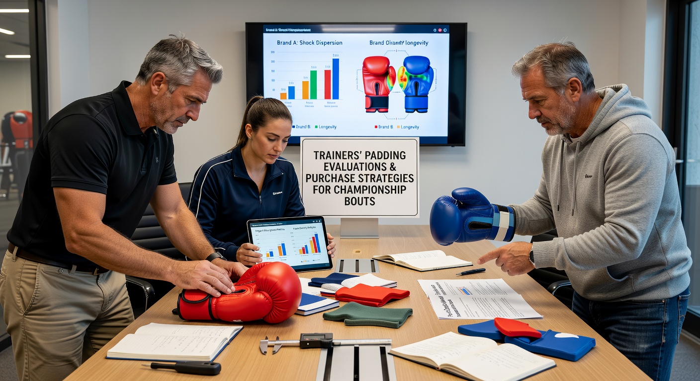 Trainers reviewing boxing glove padding thickness and foam density in a training facility
