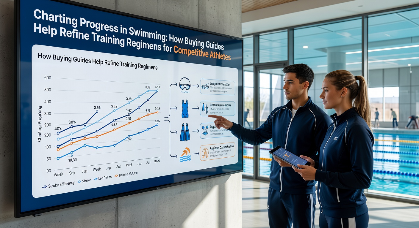 Athletes using sensor-equipped swim gear during interval training with progress charts visible on nearby screens