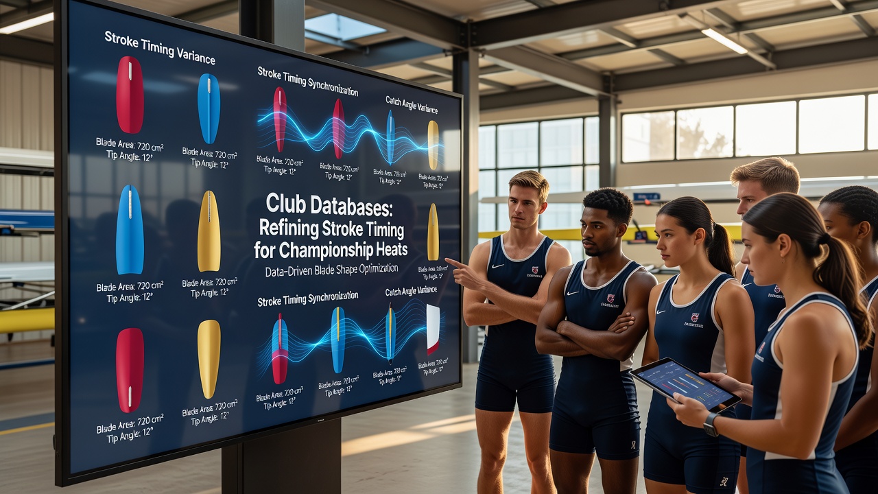 Rowing crew reviewing blade shape data on a club database interface during training session