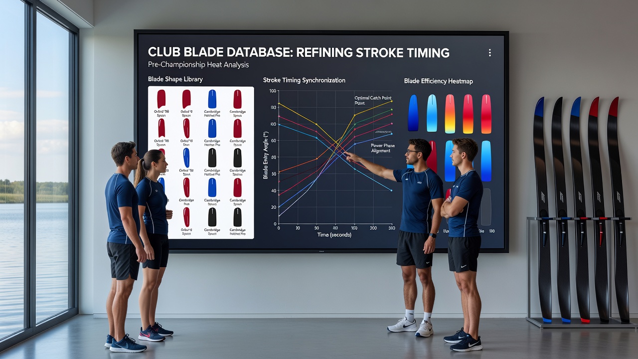 Rowers analyzing timing data from club blade shape database on tablets beside the water