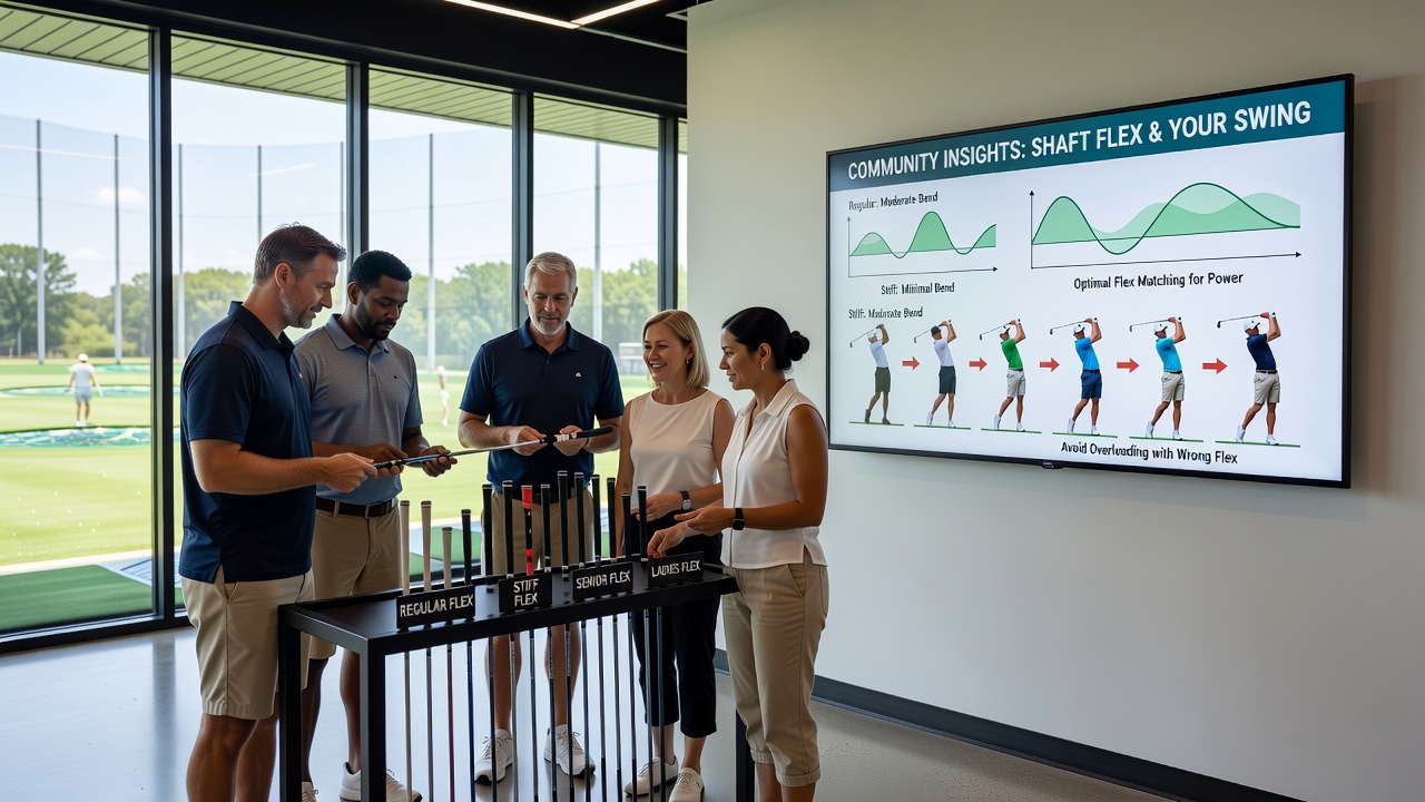 Amateur golfer testing different shaft flex options on a launch monitor with community review overlay graphics