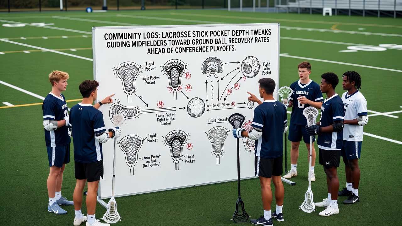 Midfielders analyzing lacrosse stick pocket depths using shared community data logs