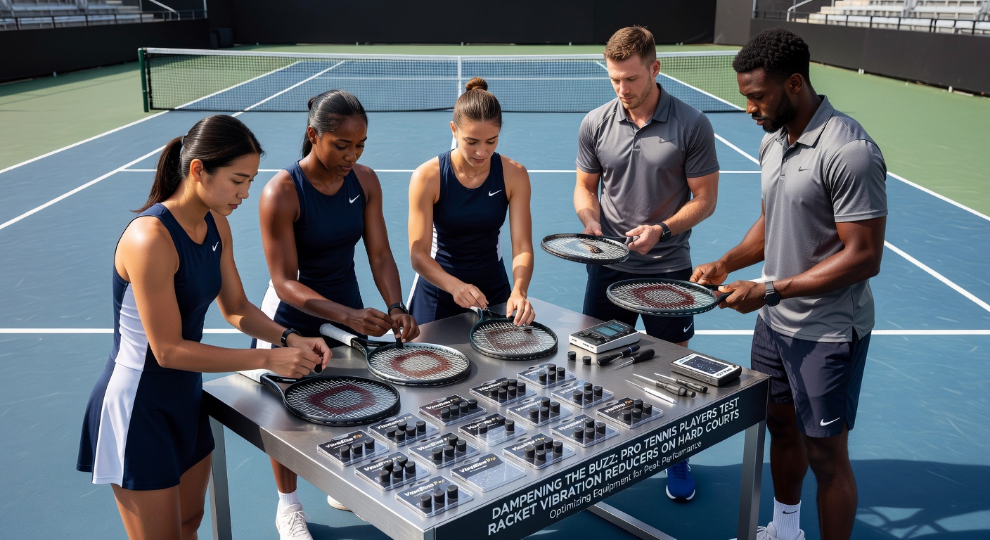 Professional tennis player attaching a vibration reducer to racket strings on a hard court during practice, close-up of hand and strings