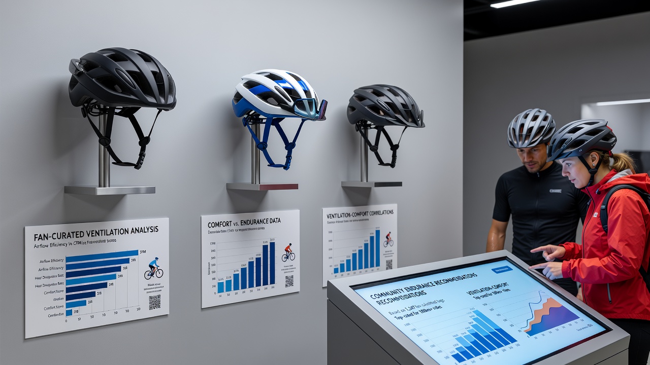 Endurance cyclists reviewing helmet comfort logs that connect ventilation performance to race finishing times