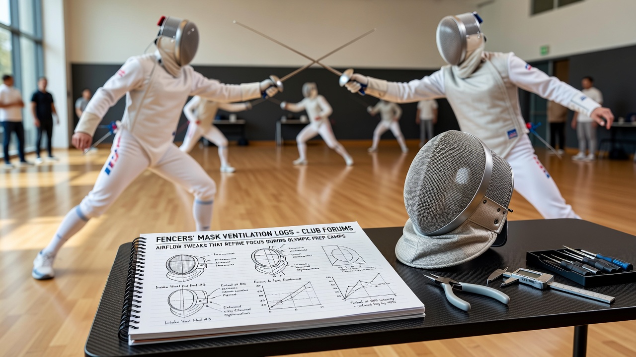 Fencers reviewing mask ventilation adjustments shared on club forums during training sessions