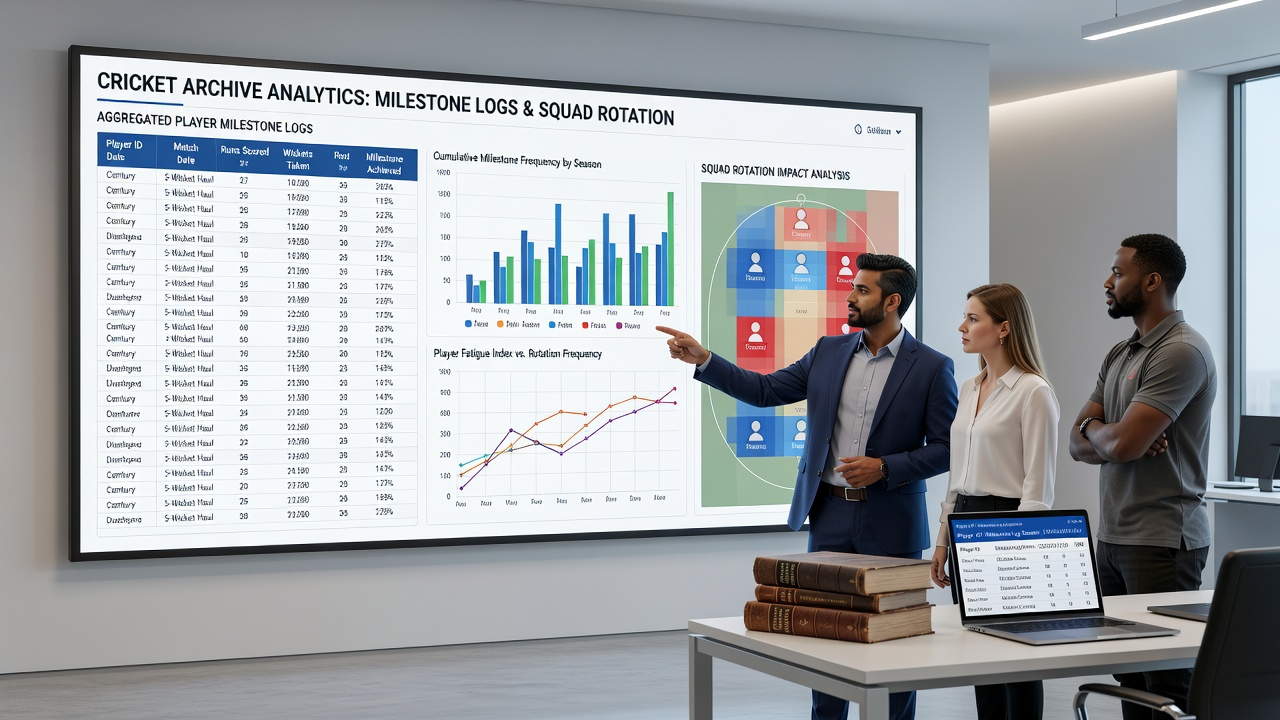 Analysts examining cricket archive dashboards with player rotation charts displayed on multiple screens