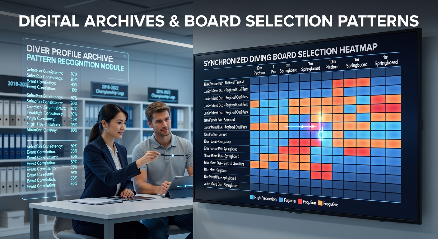 Digital archive interface displaying diver profiles and synchronized diving statistics from recent national championships