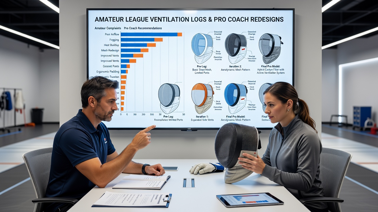 Professional fencers testing redesigned masks with improved ventilation features