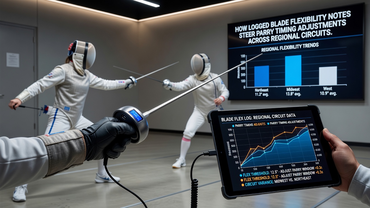 Fencers reviewing blade flexibility logs during a regional circuit event