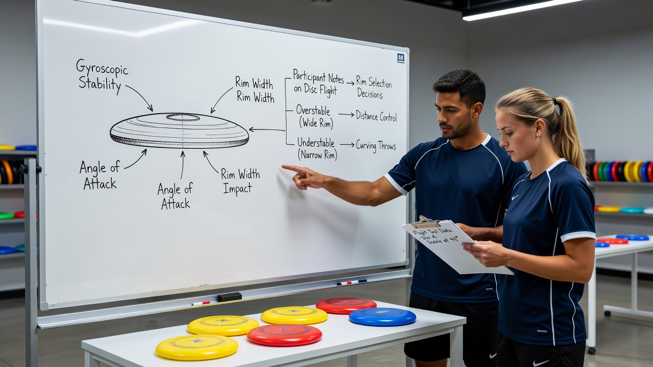 Ultimate frisbee discs with varying rim profiles arranged for comparison in a recreational club setting