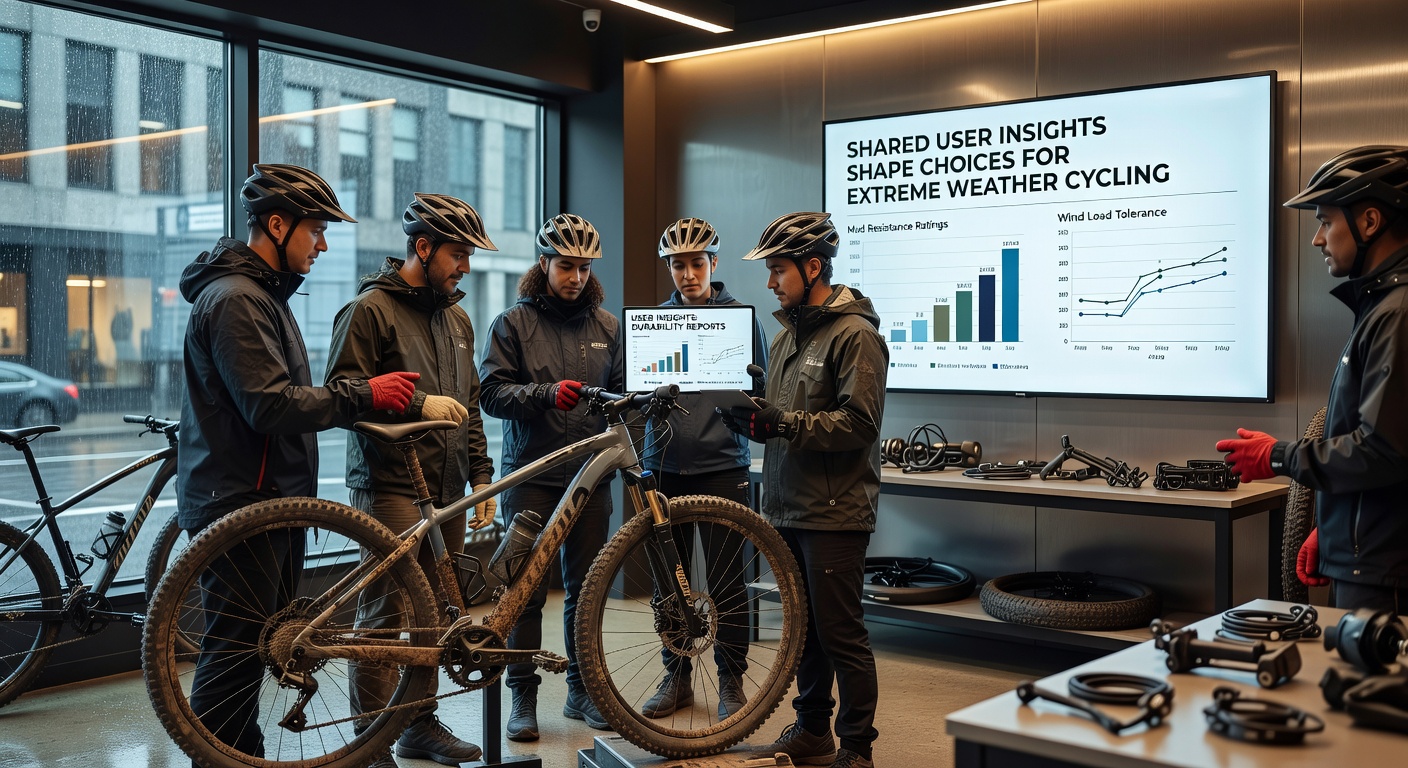 Cyclists inspecting durable frames and components during an extreme weather expedition