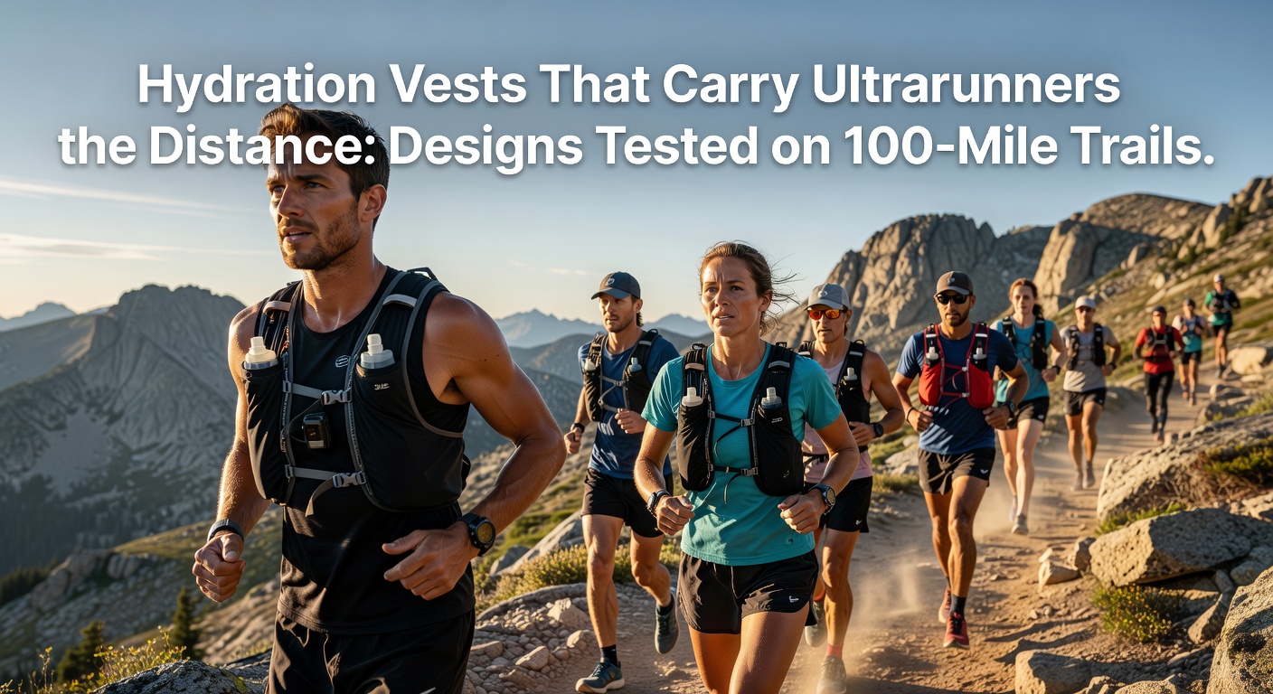 Ultrarunner wearing a sleek hydration vest mid-stride on a rugged 100-mile trail, bottles visible and pack hugging the torso comfortably