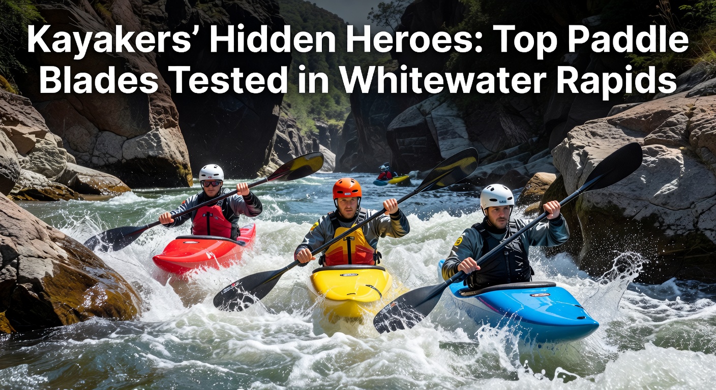 Kayaker powering through turbulent whitewater rapids with a high-performance paddle blade slicing cleanly into the foam