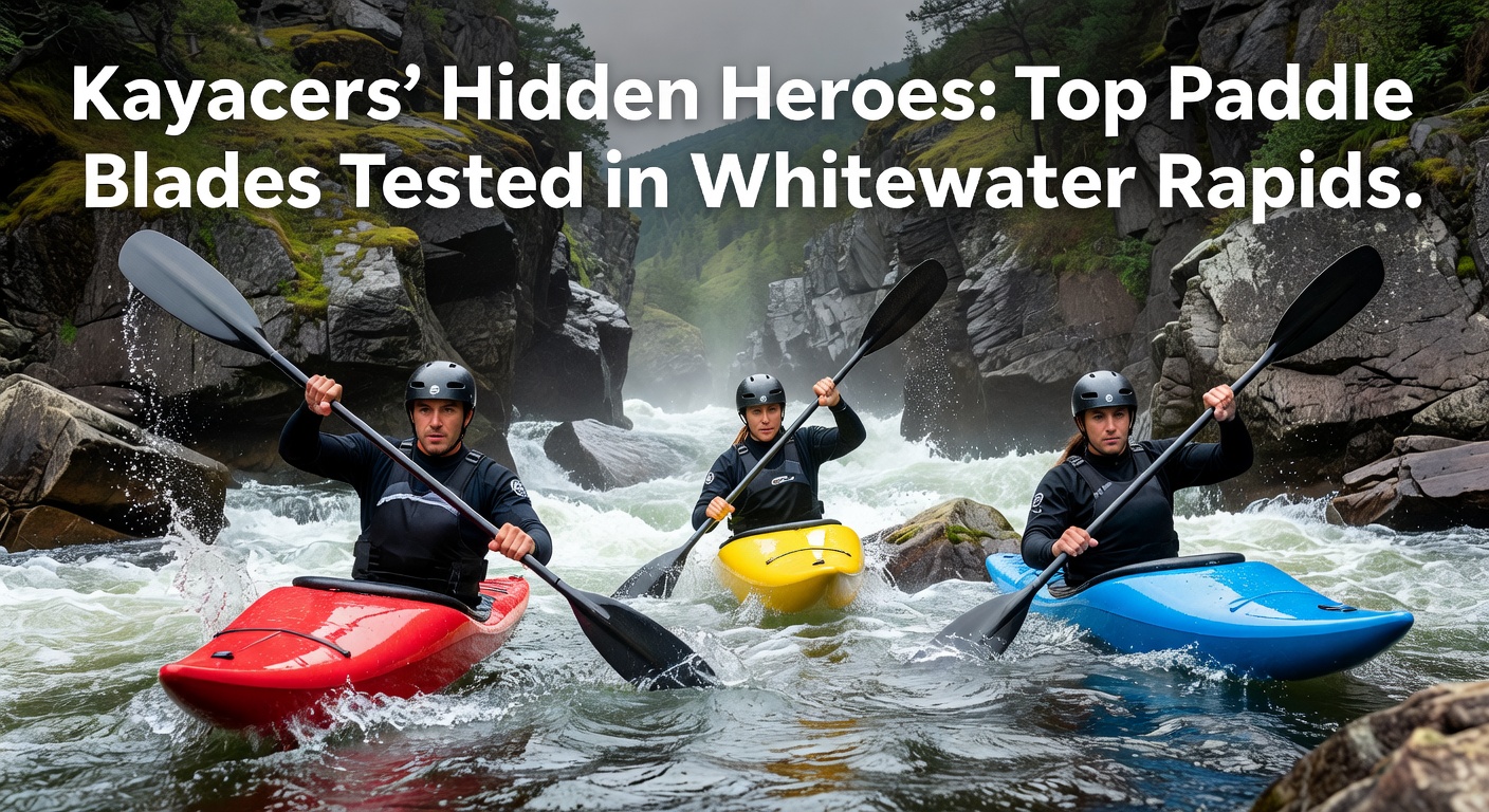 Close-up of a durable paddle blade mid-stroke in frothy whitewater, showcasing carbon fiber reinforcements and precise spoon shape