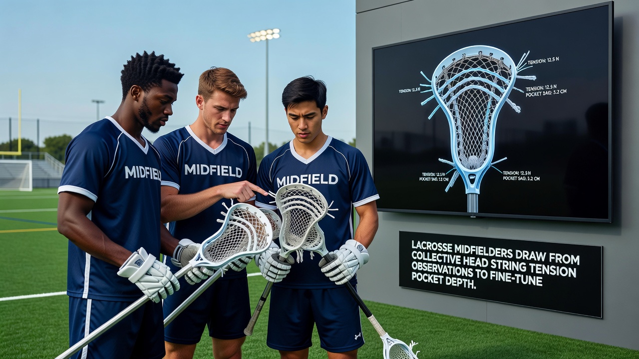 Close-up of lacrosse stick head showing pocket depth and string tension adjustments