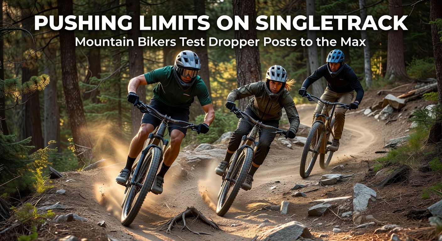 A mountain biker mid-descent on a rocky singletrack trail, dropper post fully lowered for maximum control, surrounded by dense forest and steep drops