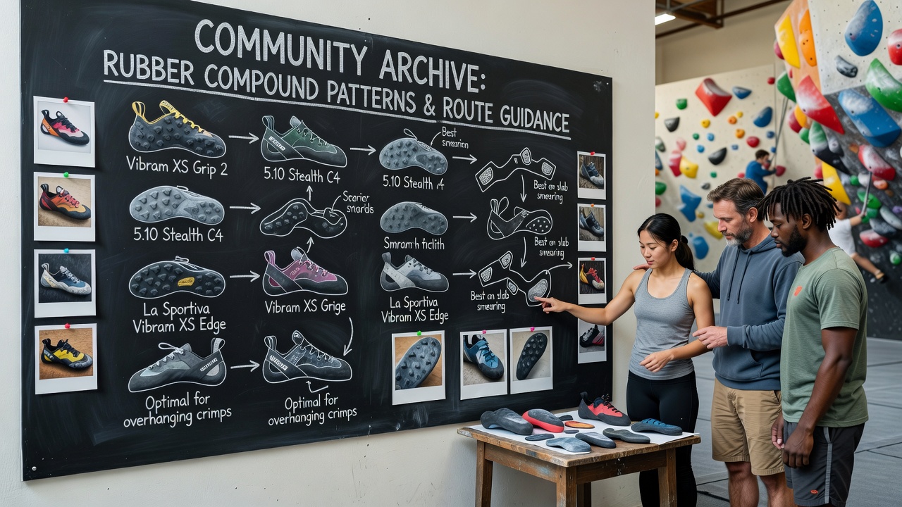 Bouldering competition scene showing athletes consulting digital archives on tablets near the wall