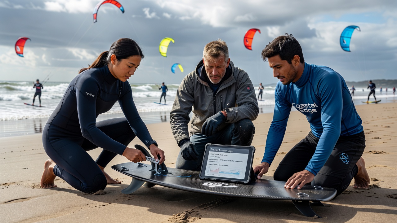 Kiteboarders reviewing fin setup data from shared session logs on a coastal beach before a gusty competition