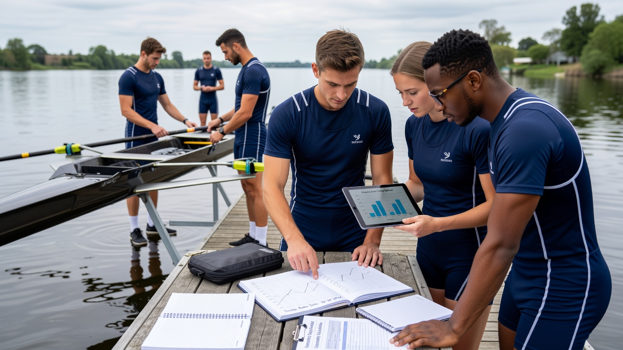 Rowers reviewing practice logs on tablets beside a racing shell during a training session