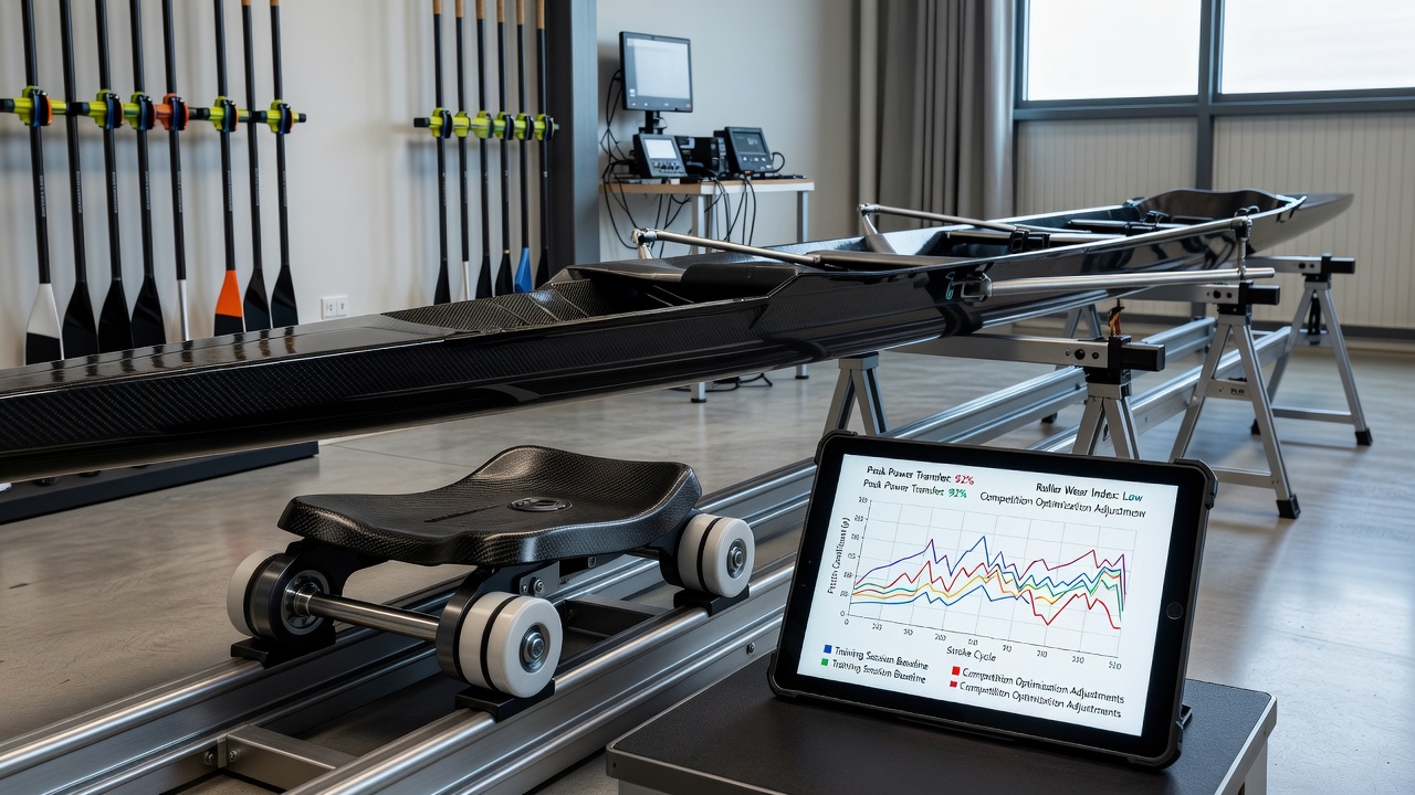 Rowing shell seat roller assembly on carbon fiber tracks during a training session on calm water