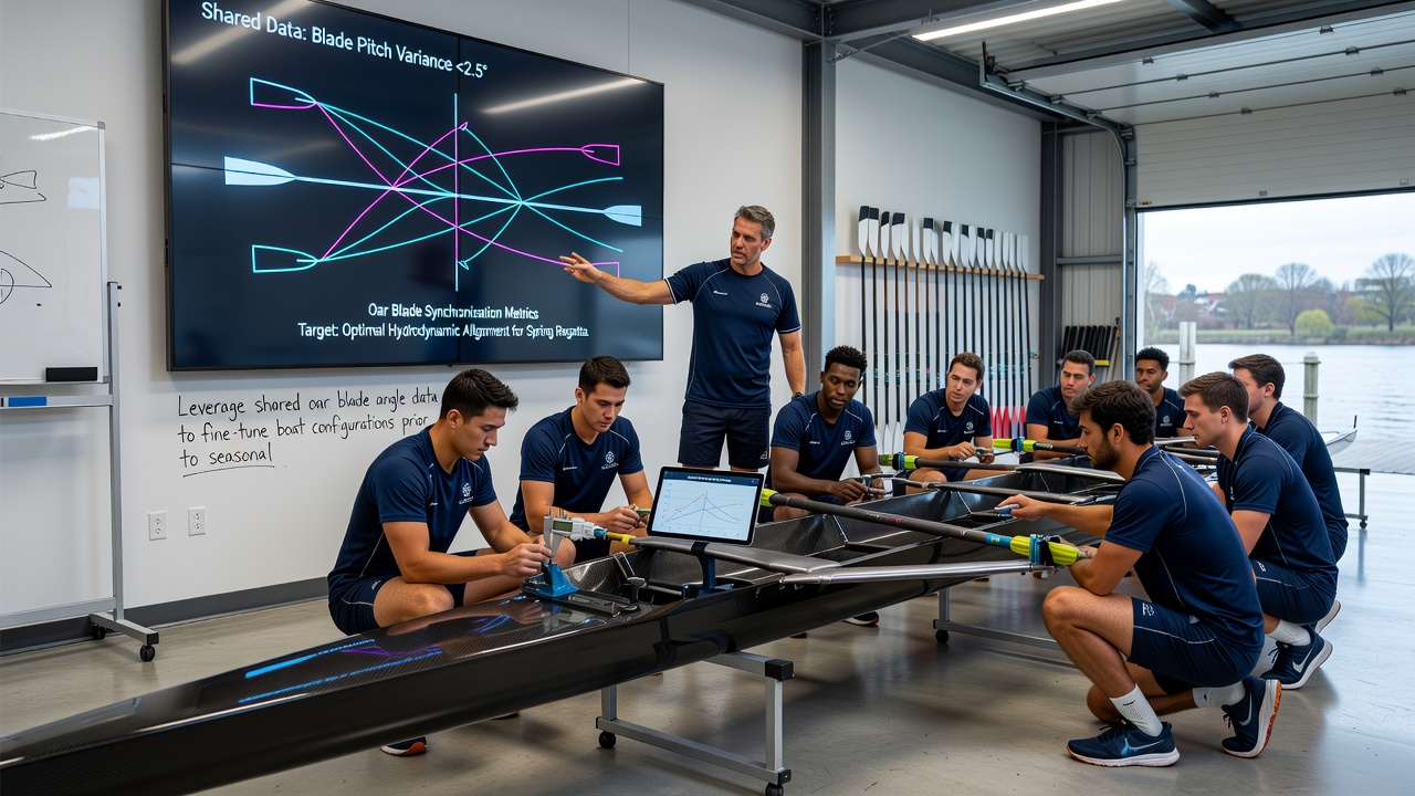 Coaches reviewing oar blade angle analytics on tablets beside a rowing shell