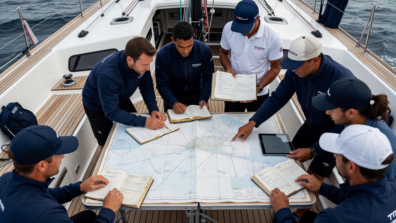 Crew members logging mast rake data and wind observations during a fleet race