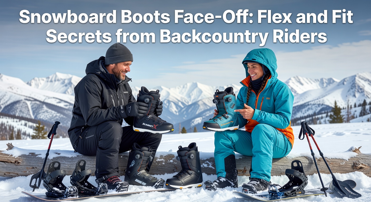 A backcountry snowboarder crouches in deep powder, meticulously adjusting snowboard boots for optimal flex and fit before dropping into untouched terrain.
