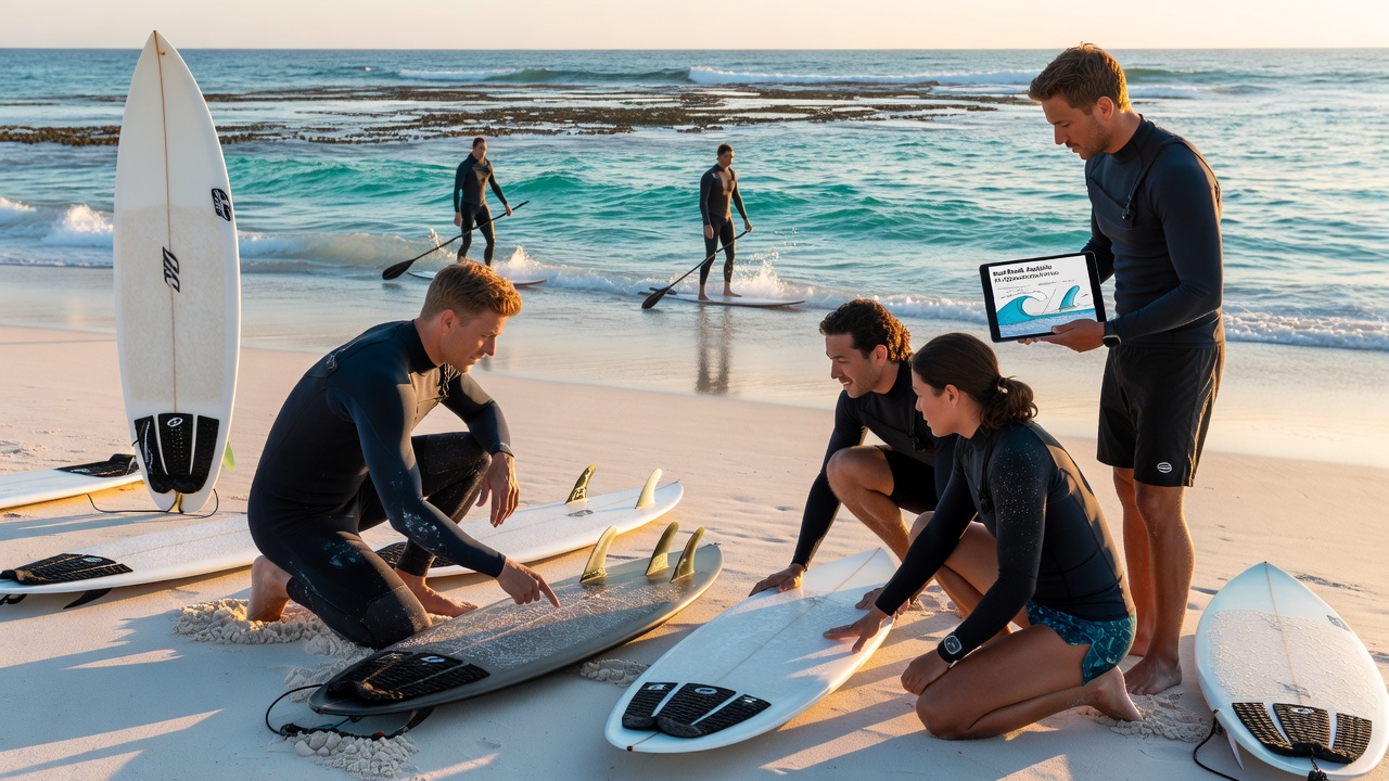 Surfers testing fin box placements during a group session at a reef break