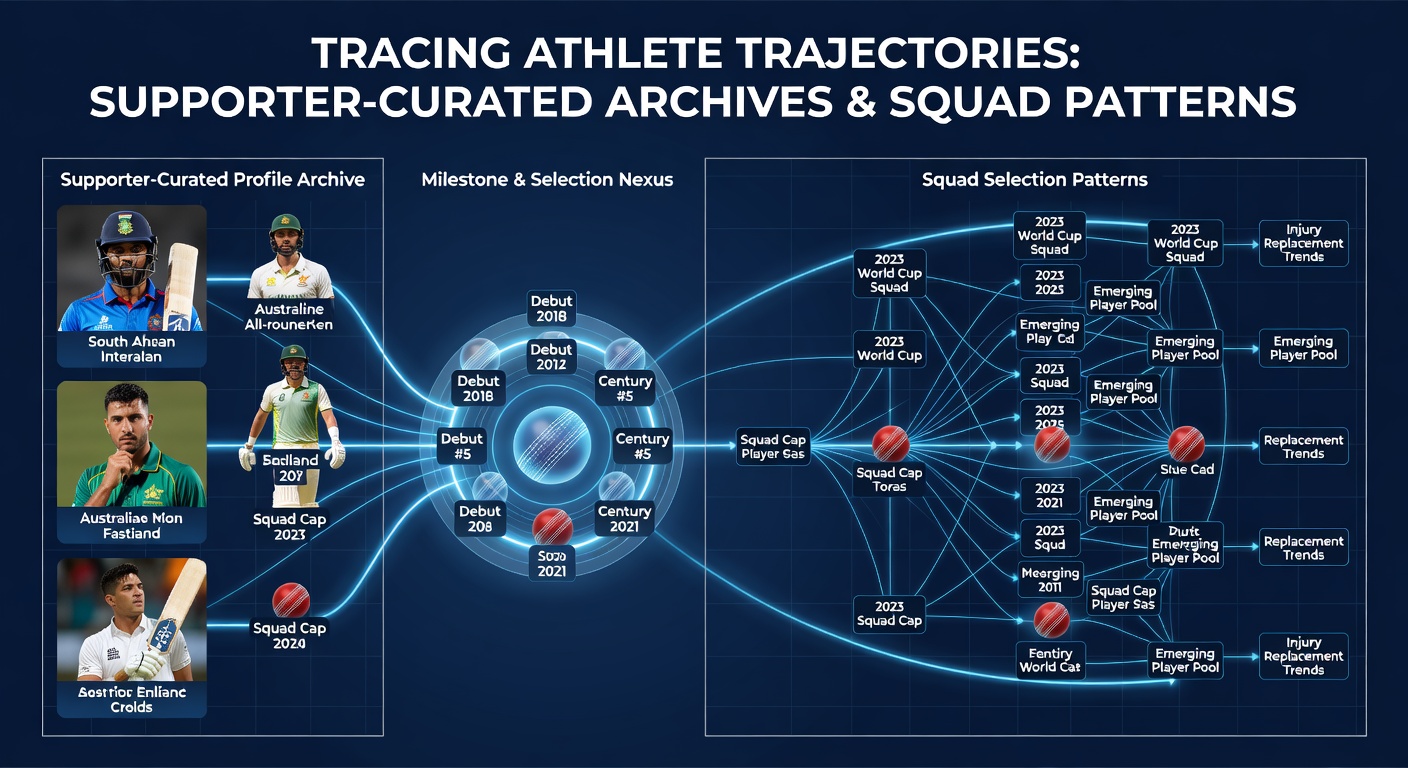 Supporter-curated cricket profile archive showing player milestone timelines and squad selection records