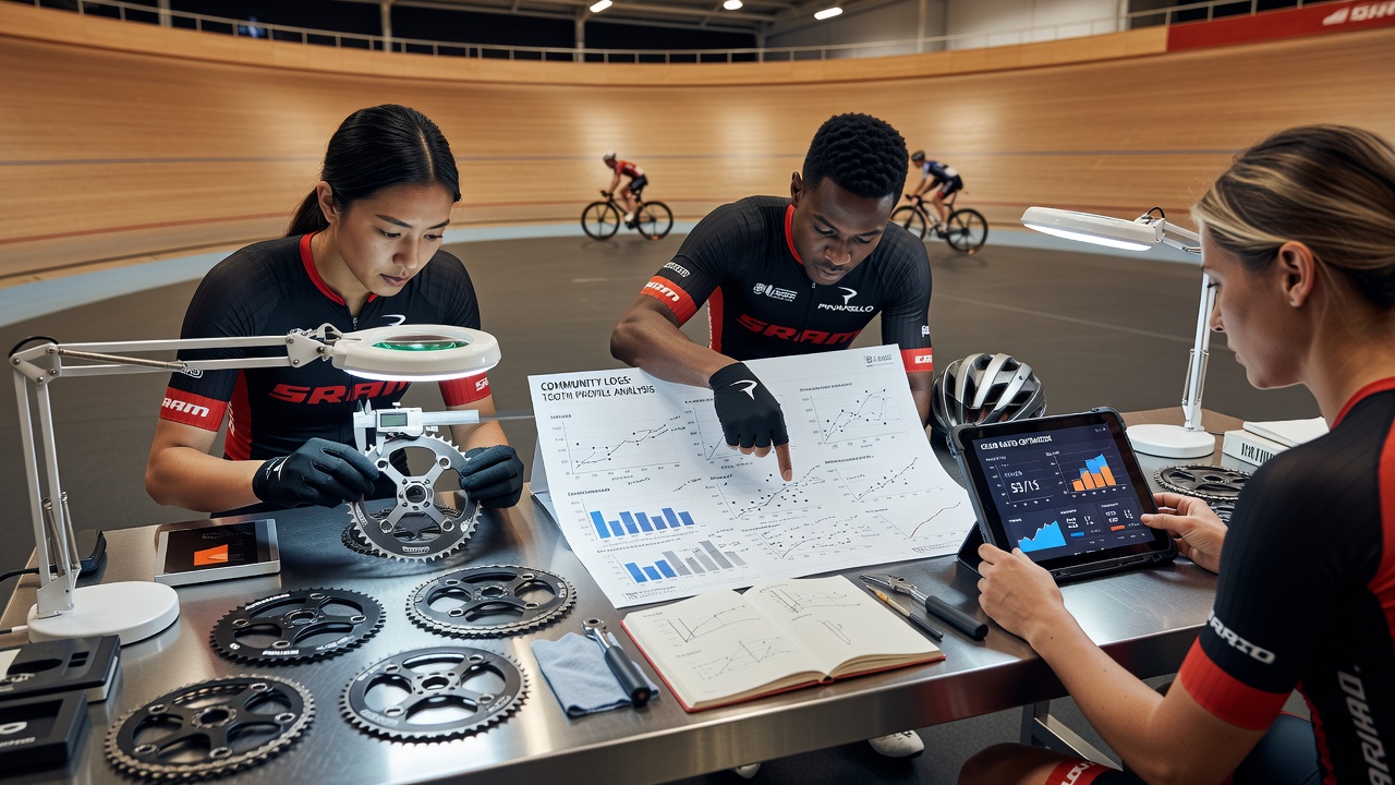 Track cyclists reviewing chainring tooth profiles and gear ratio data from community logs in preparation for velodrome events