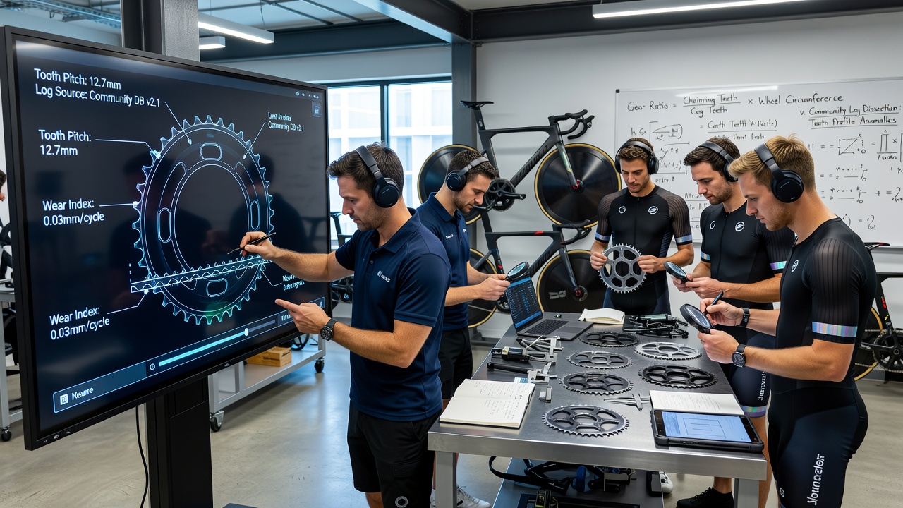 Detailed view of chainring tooth profile measurements and community log analysis used by track cyclists for gear optimization