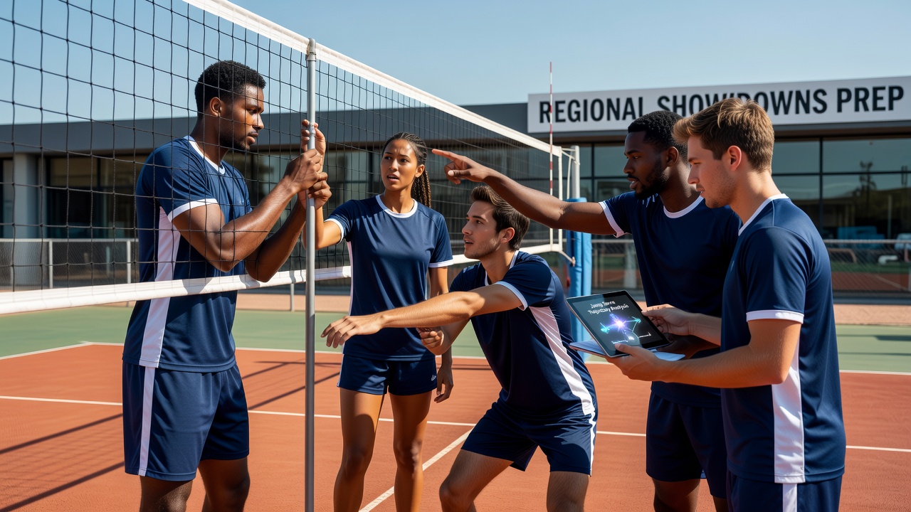Volleyball players adjusting net tension during practice session ahead of competition