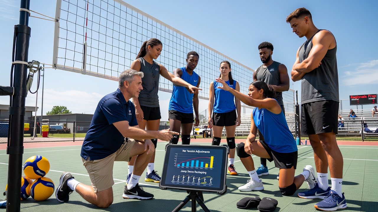 Athletes reviewing jump serve footage during net tension adjustment drills
