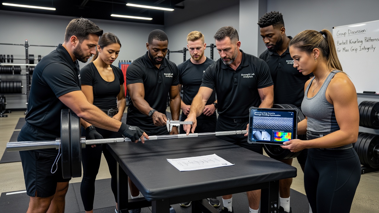 Weightlifters reviewing barbell specifications and grip data in a collaborative meeting