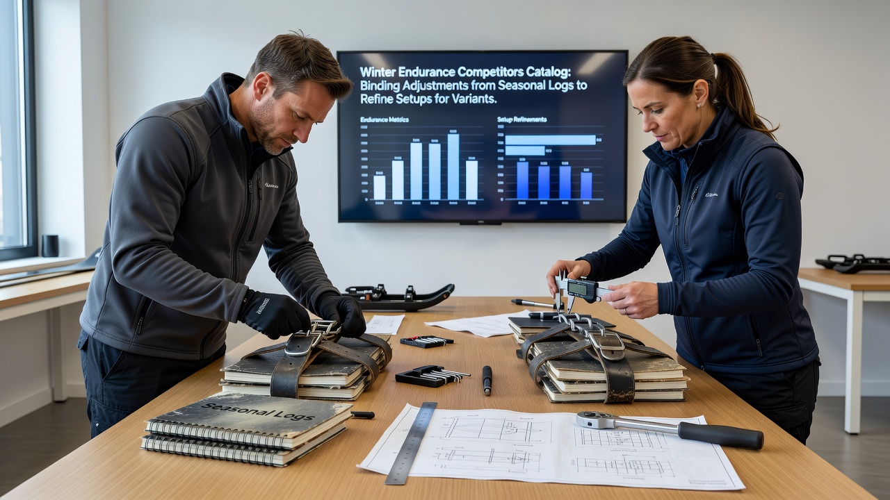 Athletes reviewing seasonal binding adjustment logs for nordic skiing events on variable snow circuits